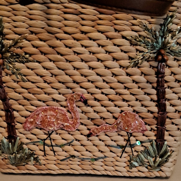 St. John Collection Woven Straw Tote with Pink Sequin Flamingos - Picture 7 of 7
